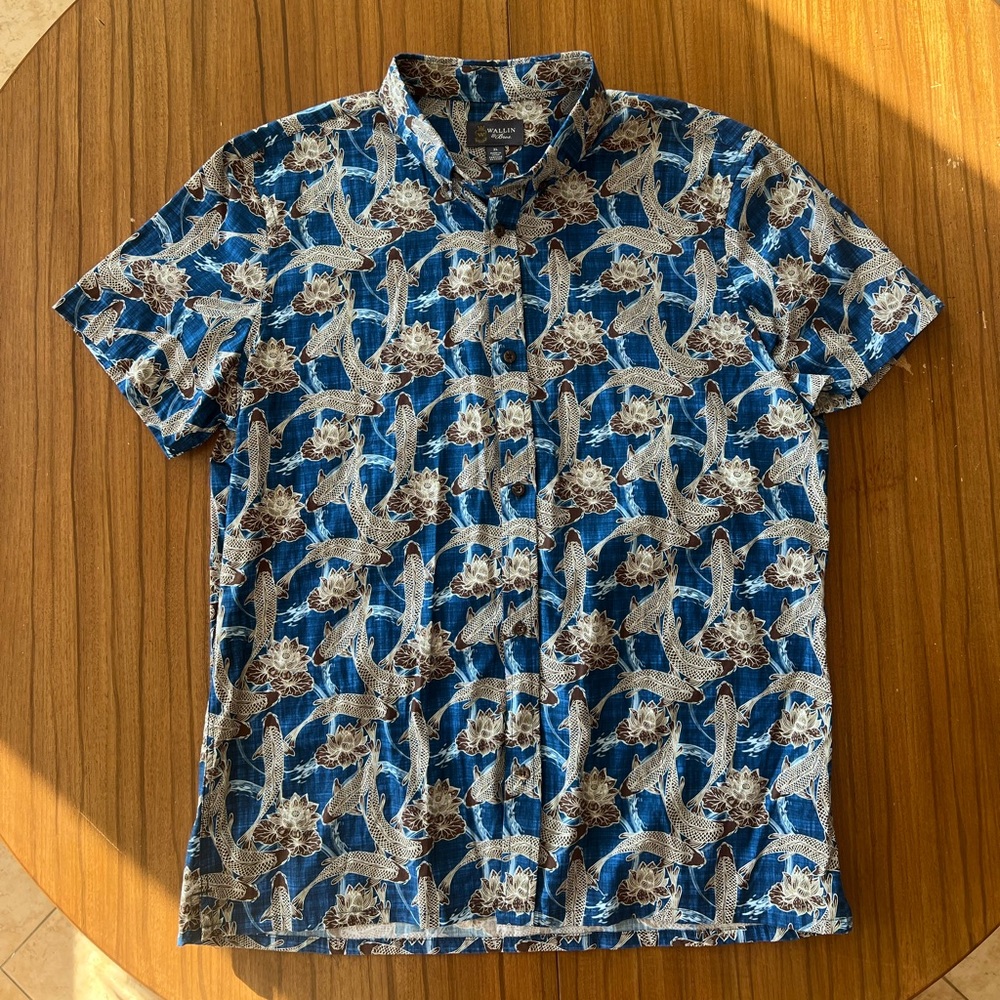 Men’s Wallin & Bros Blue and Brown koi fish button down short sleeve shirt